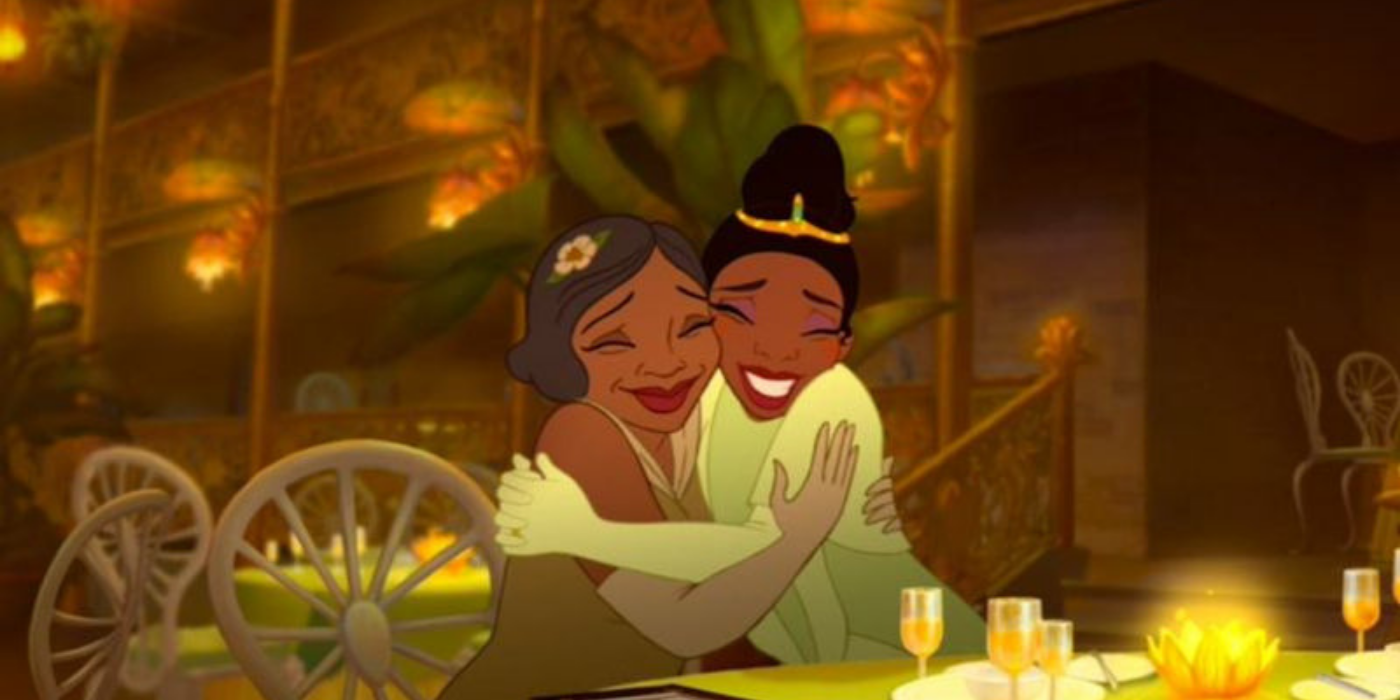 Tiana and her mother hug at her new restaurant, Princess and the Frog