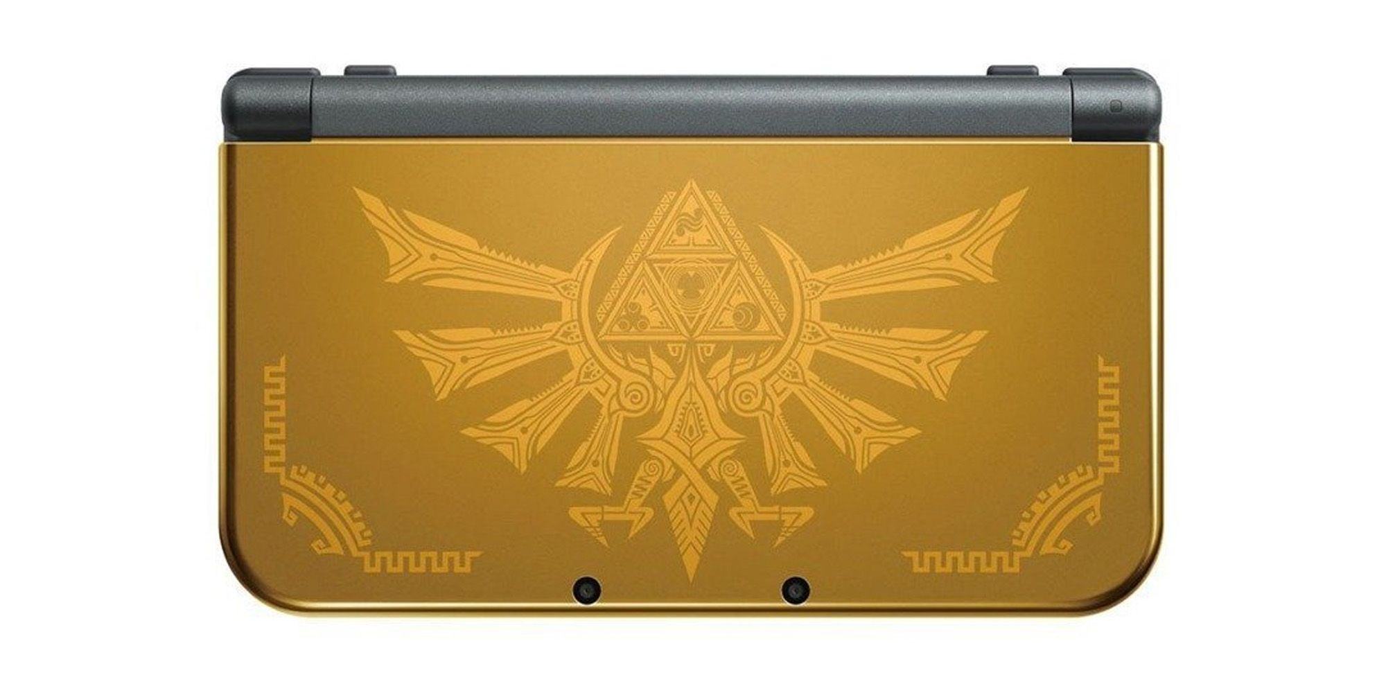 New 3DS XL, Yellow Exterior with intricate Hylian Crest graphics.