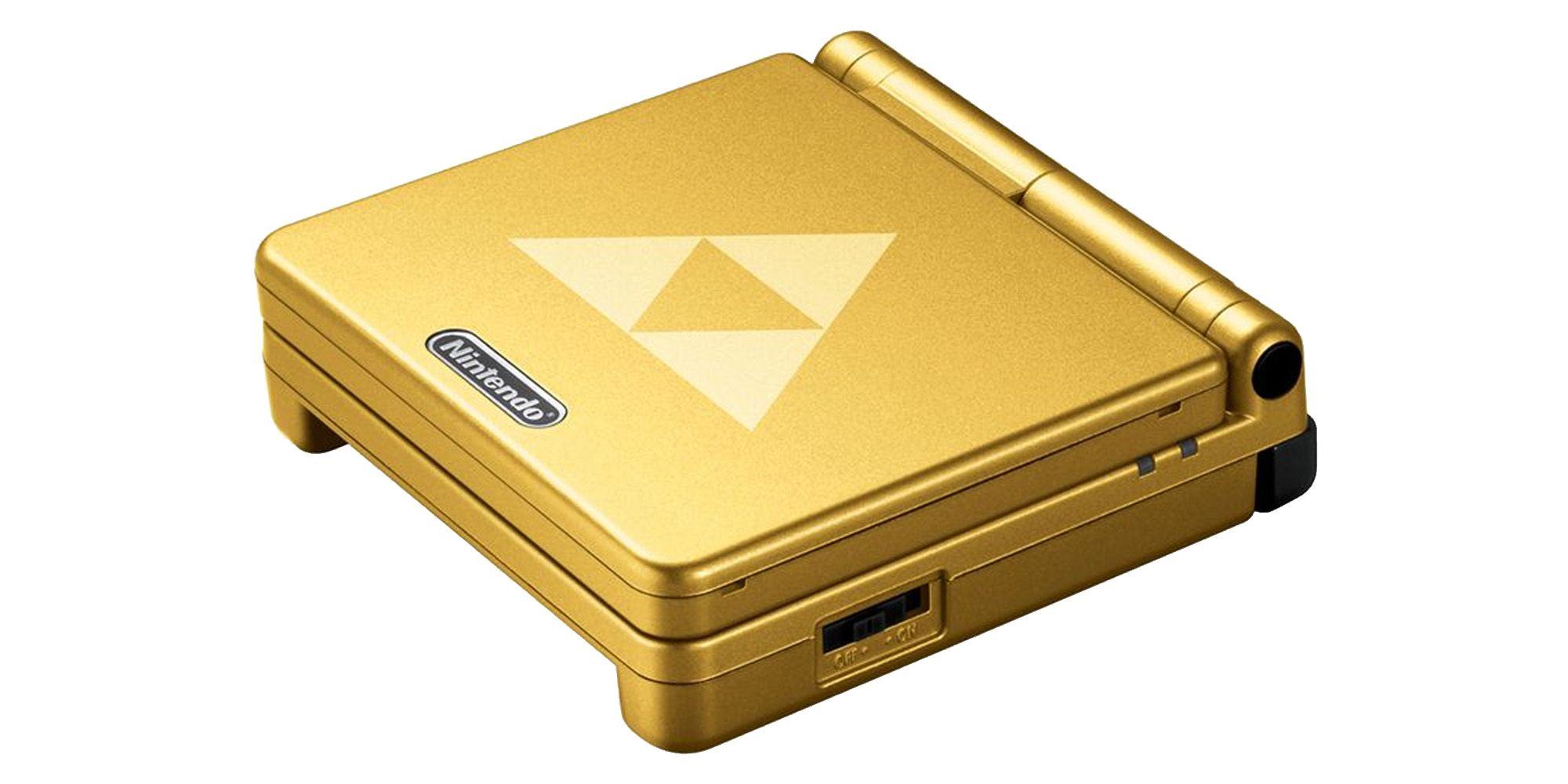 The look of a yellow Zelda GBA SP with three forces in the middle. 