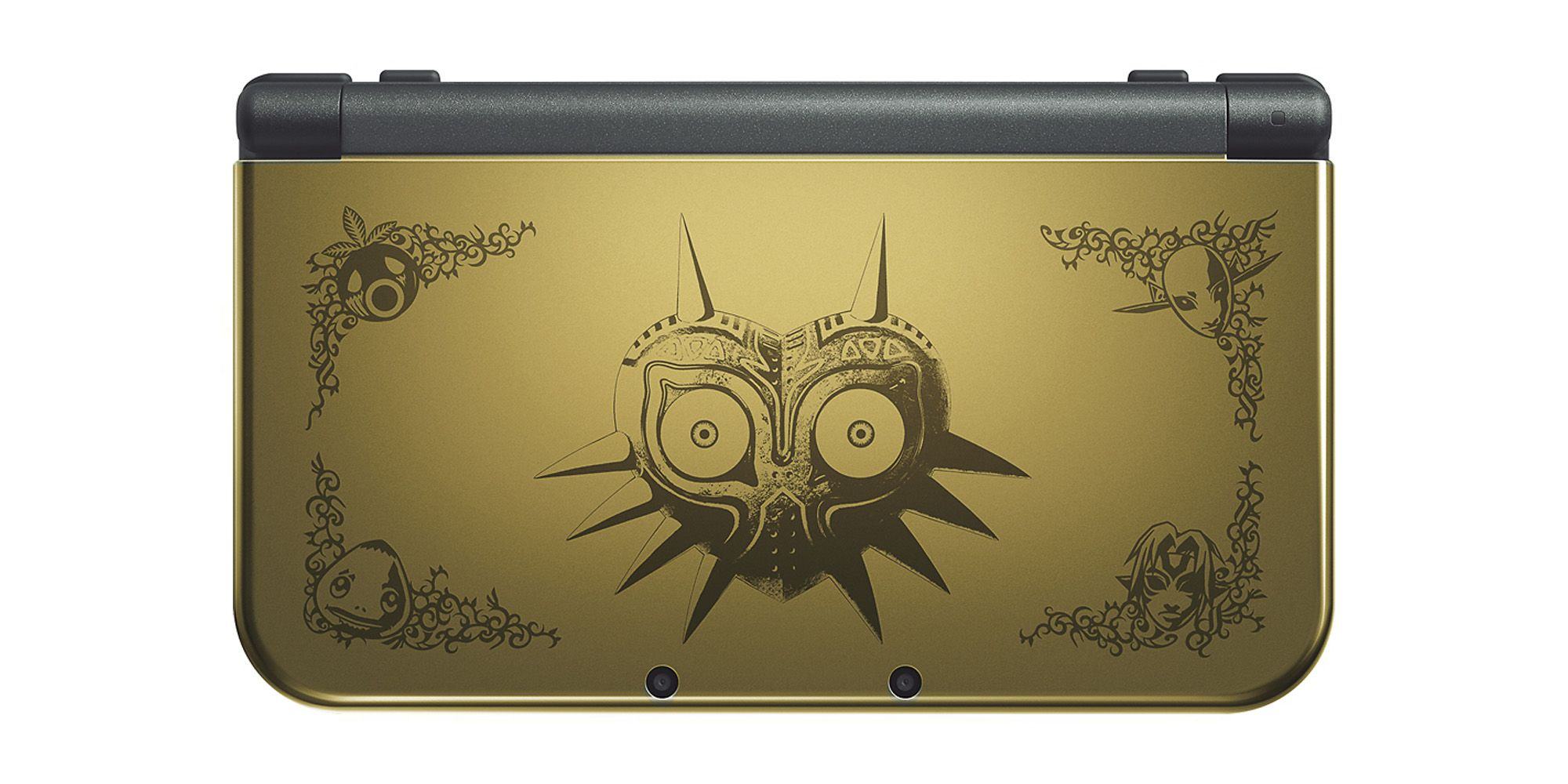 The New 3DS XL interface is yellow, with the genuine Majora mask and the game's character display.