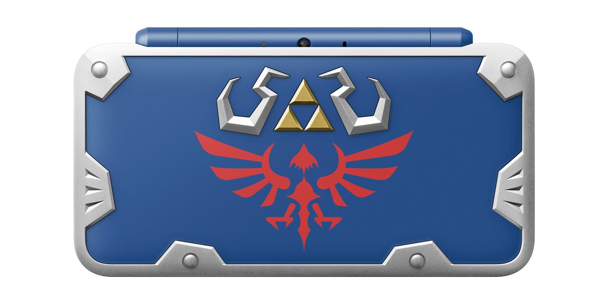 The blue 2DS XL is based on the Zelda Hylian shield with silver frame, Hylian Crest and Triforce.