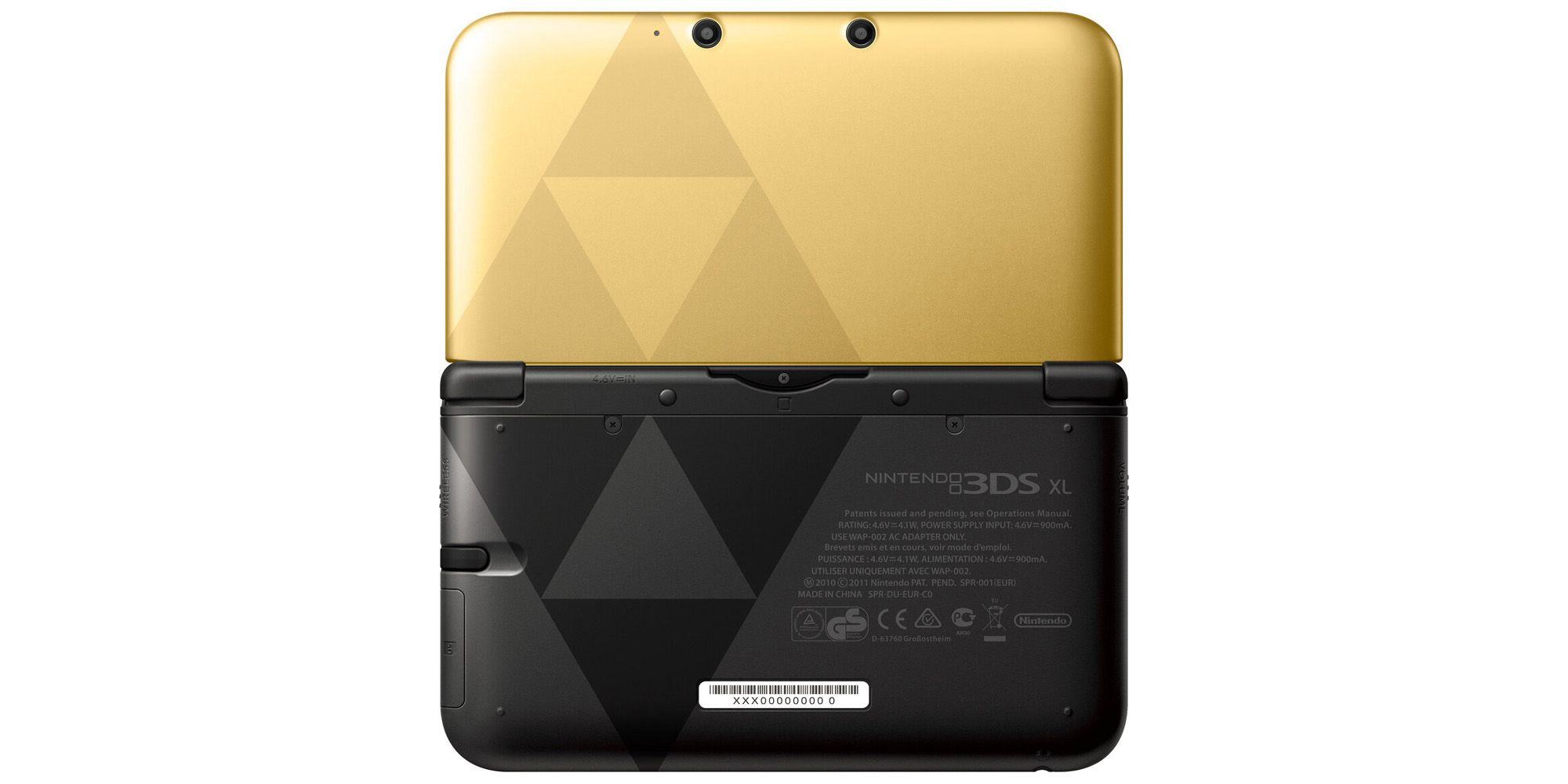 Gold and Black Link between 3DS XL worlds with Hyrule and Lorule Triforces.