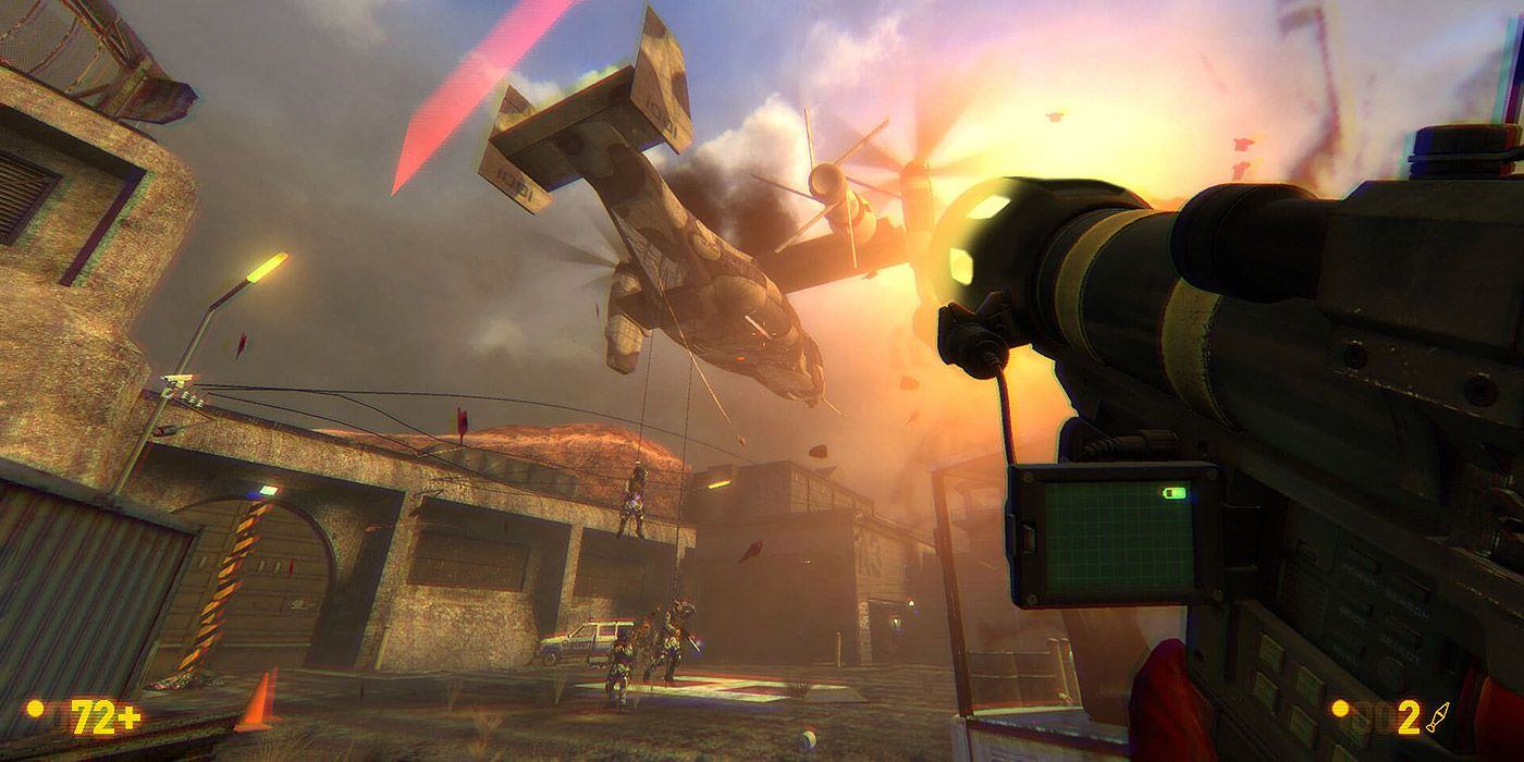 Góc nhìn thứ nhất của người chơi phóng RPG vào trực thăng trong Black Mesa.