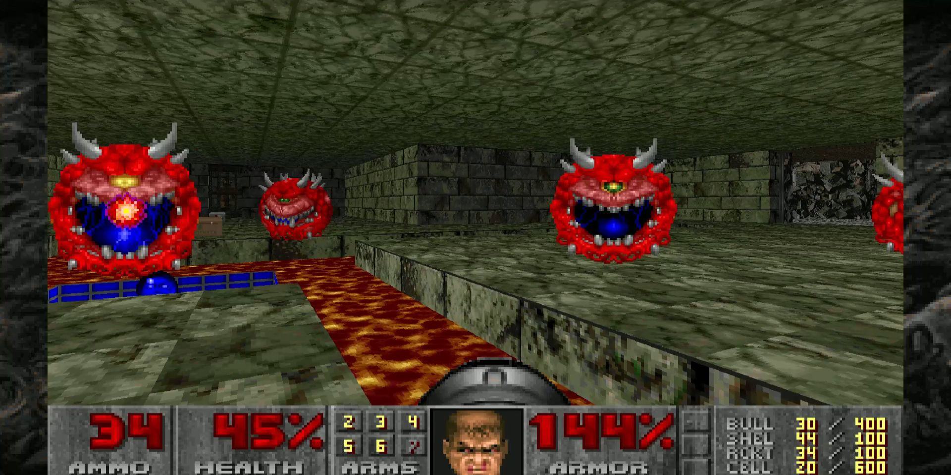 Ảnh chụp màn hình từ DOOM gốc, trong đó người chơi tấn công nhiều Cacodemon bên cạnh hố dung nham.