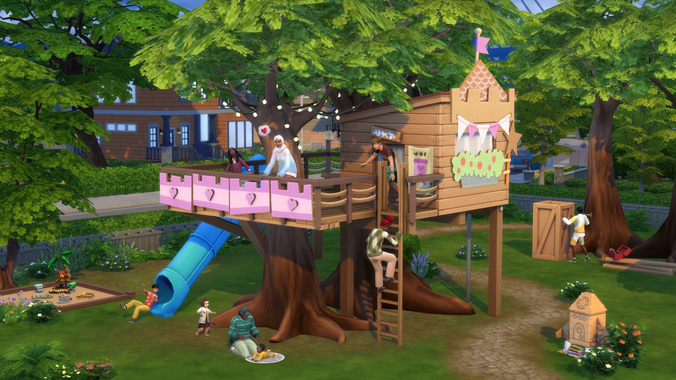Sims 4's treehouse is covered with banners and one child is standing on a ledge while another is climbing it.