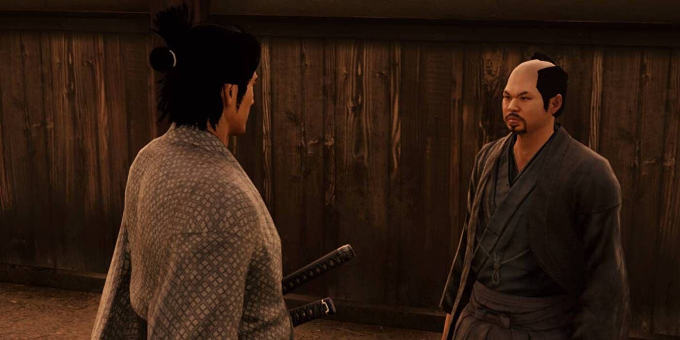 Like a Dragon: Ishin Ryoma talks to local Samurai Doshin to help solve the mysterious side story Mochi
