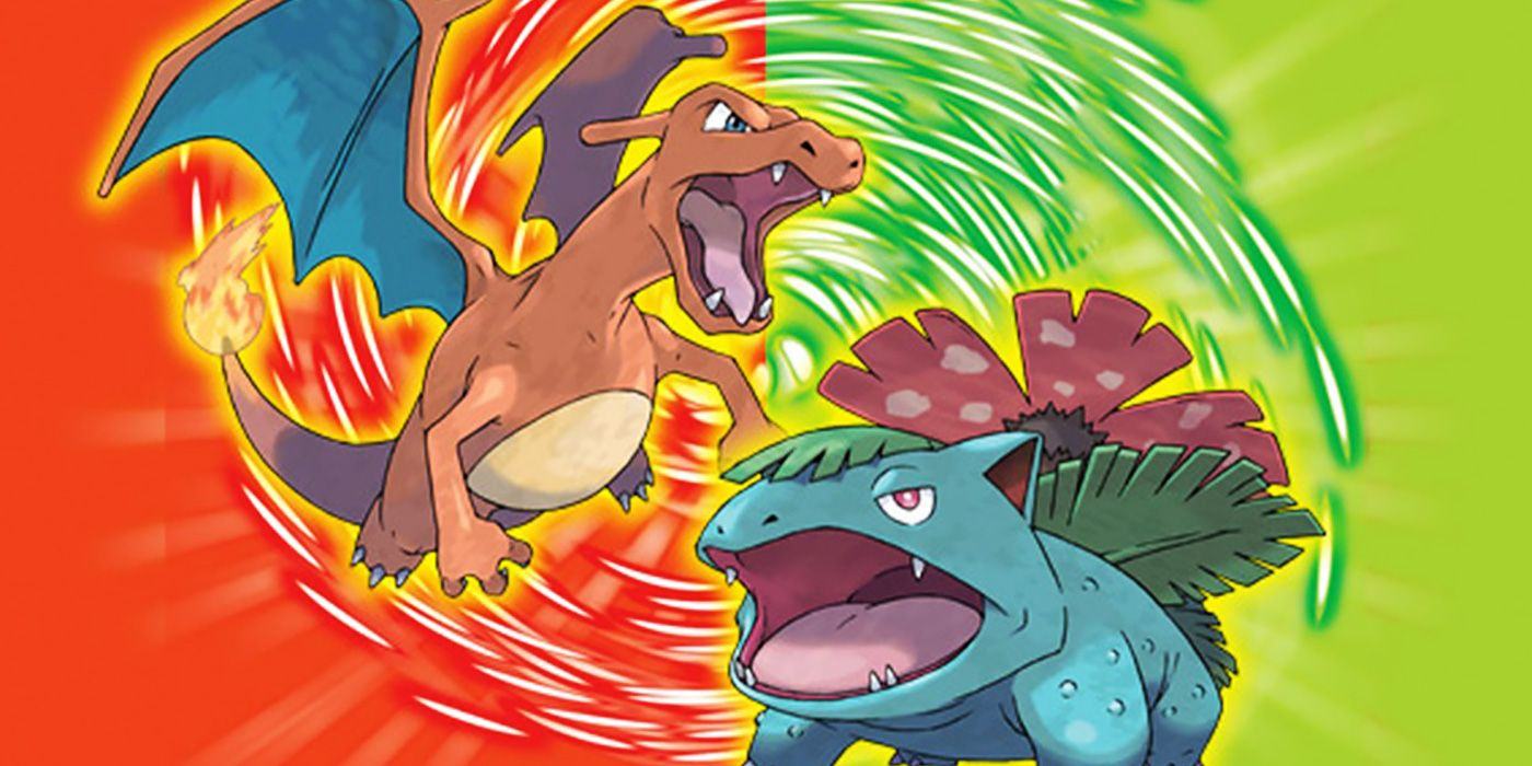 Pokemon FireRed Charizard with a red background on the left and LeafGreen Venusaur with a green background on the right.