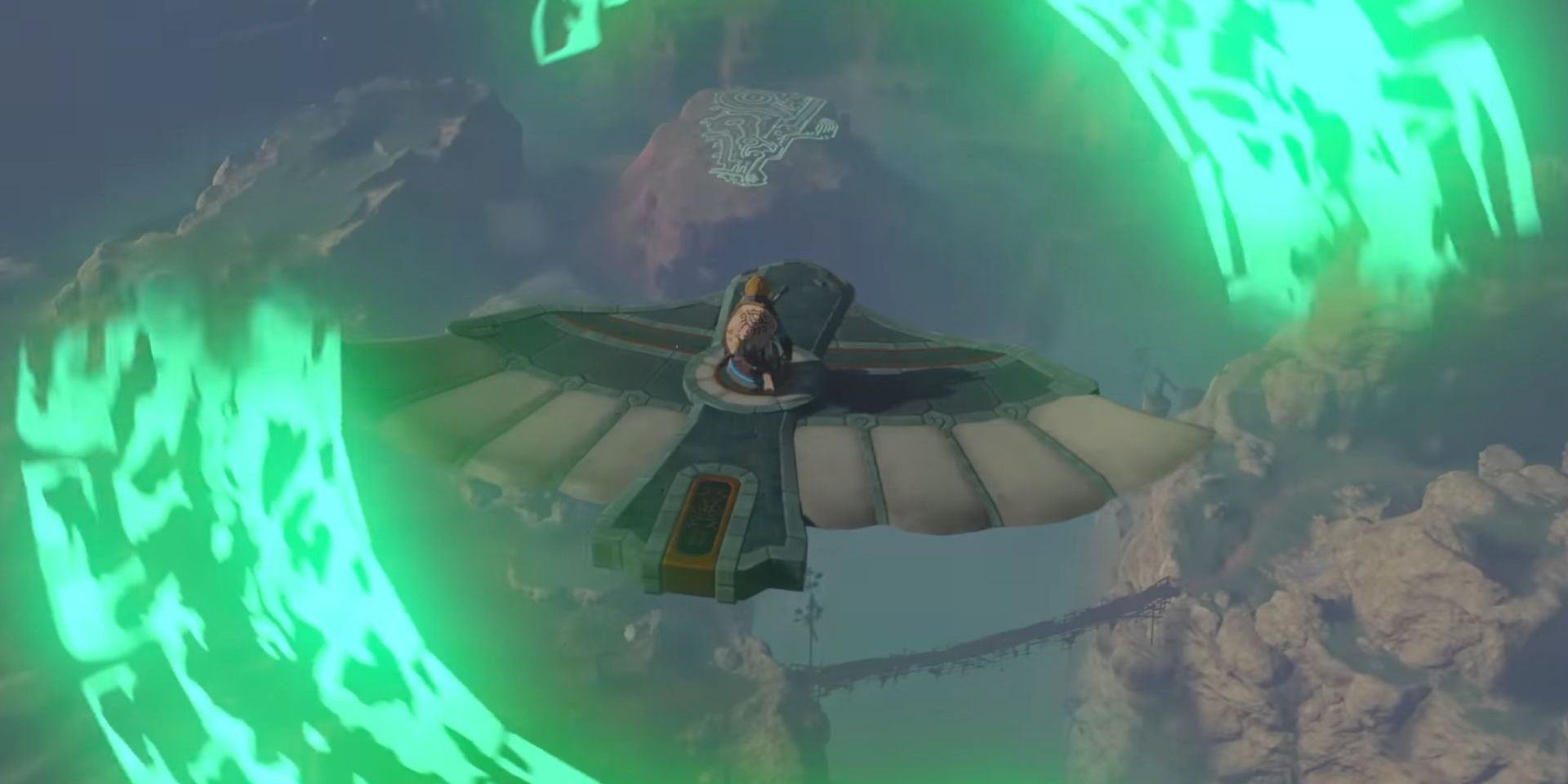 Stills from the Tears of Kingdoms Link trailer riding a bird-like vehicle surrounded by green swirls