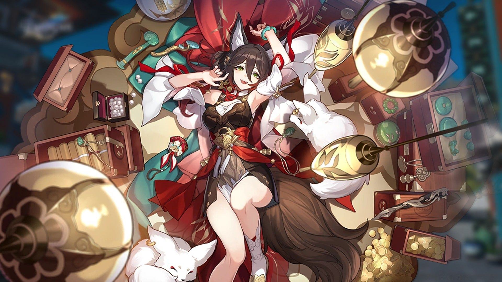 Honkai: Star Trail's character Tingyun is lying on the floor, surrounded by chaos, and with two white foxes.