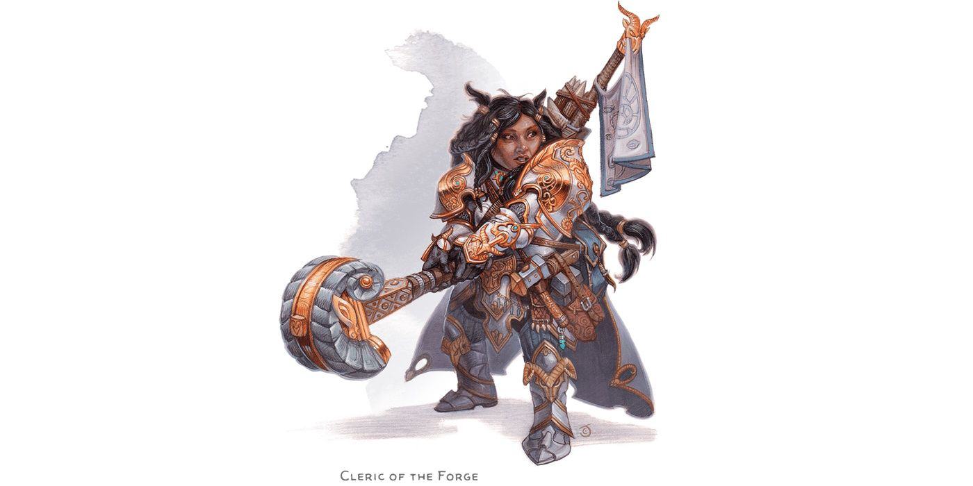 A female dwarf in full armor wields a sledgehammer ready to fight.