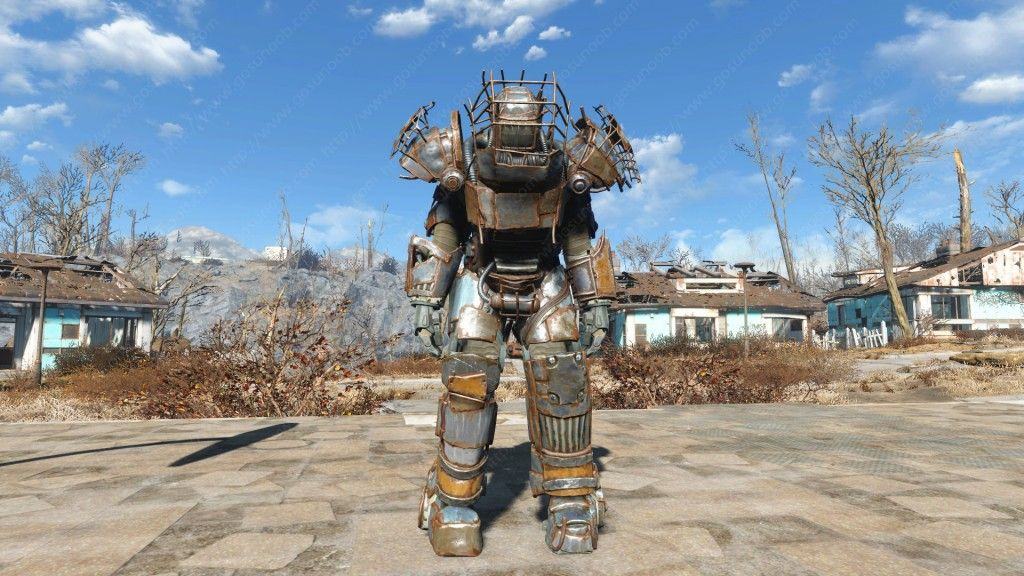 Clunky Fallout 4 armor assembled from scrap metal.