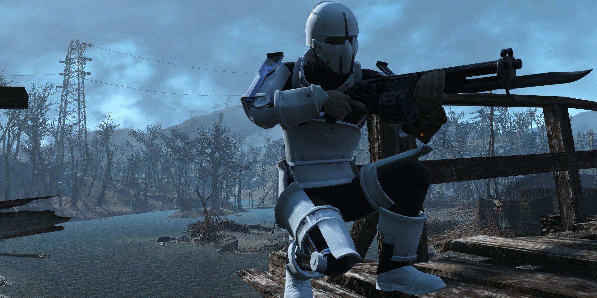 Character in stormtrooper-esque Synth armor in Fallout 4 aiming a gun.