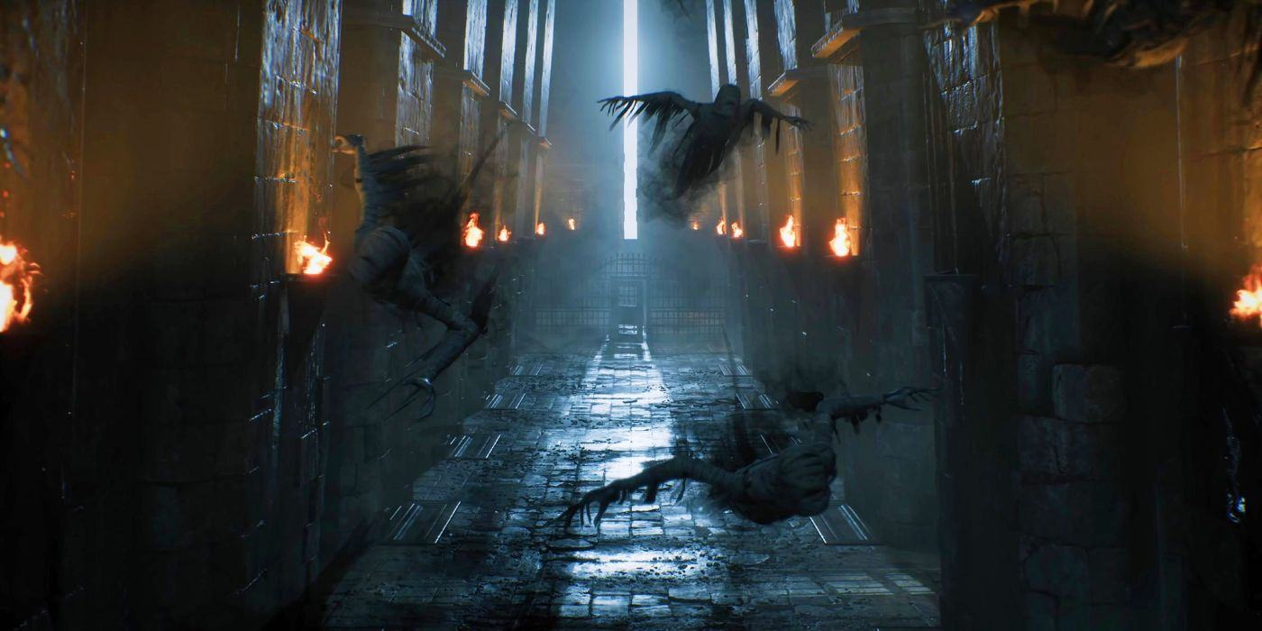 Three dementors fly towards the characters in the Hogwarts Legacy.