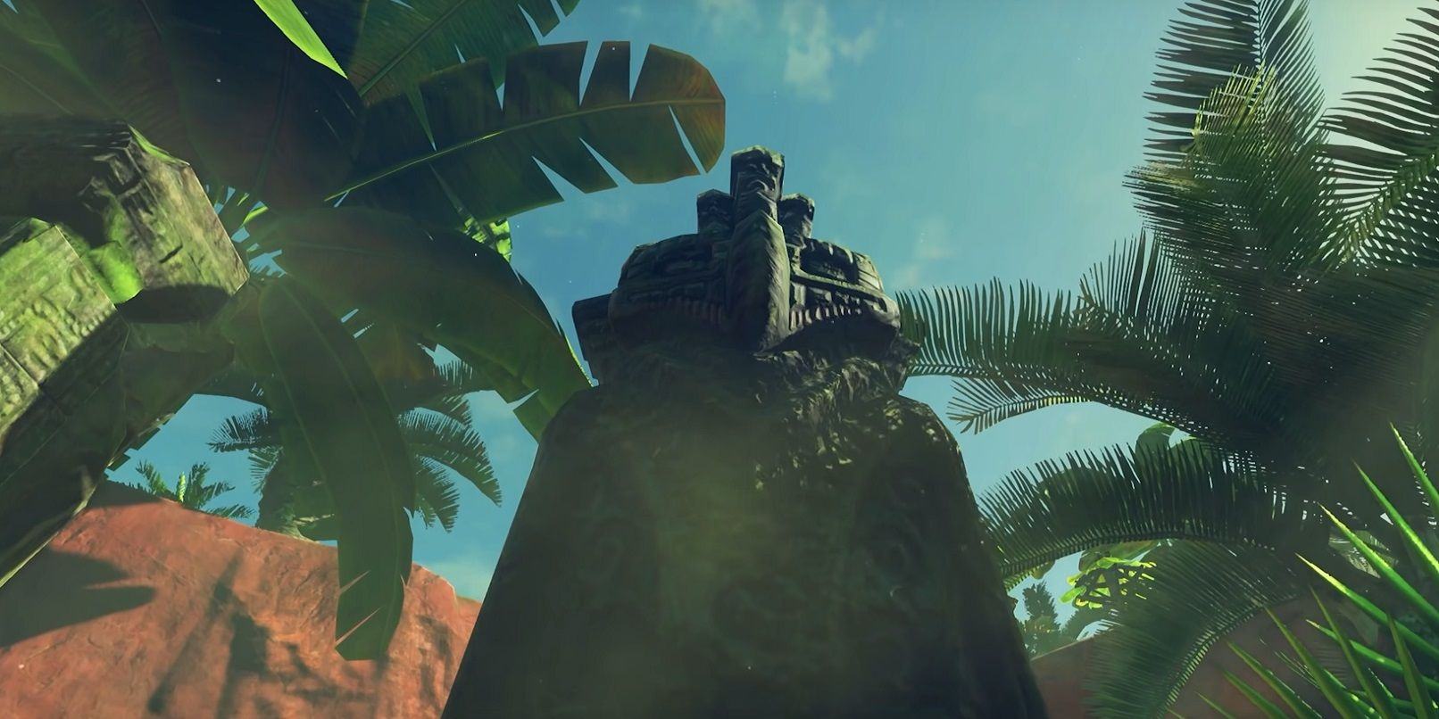 A large statue is seen in the jungle in Breath of the Wild, one of many relics of the ancient Zonai tribe.
