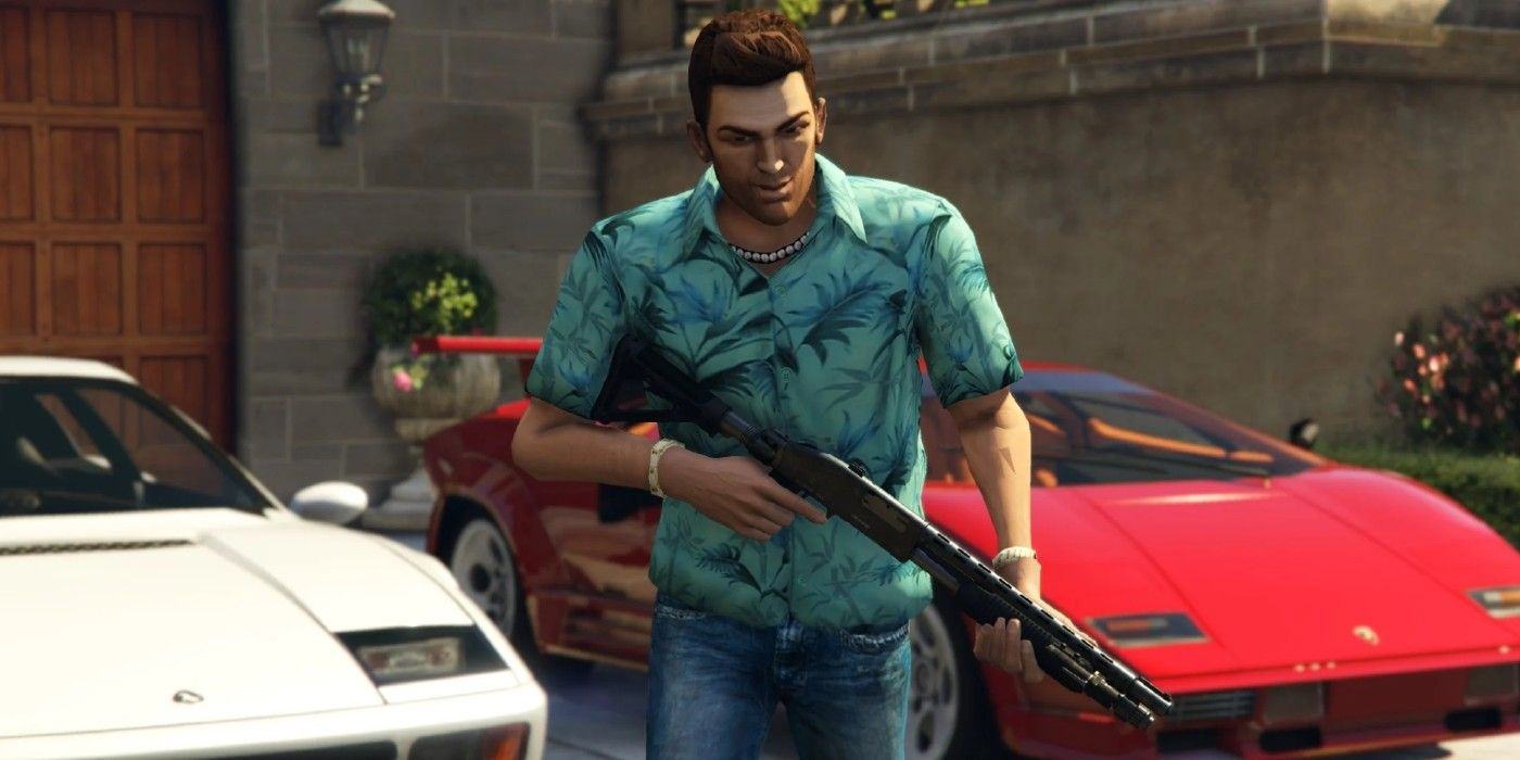 Tommy Vercetti with a gun in Grand Theft Auto with 2 luxury cars in the back