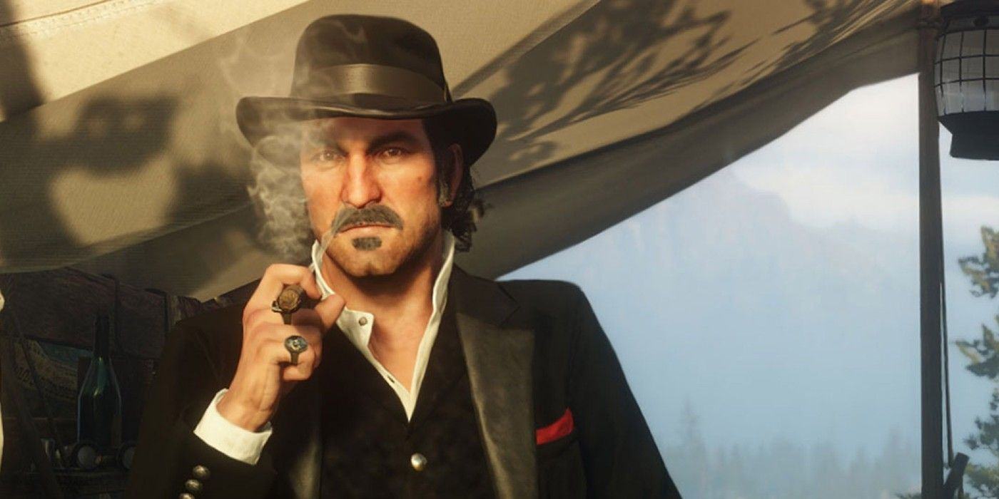 Dutch van der Linde smokes cigars near his tent in Red Dead Redemption 2's camp.