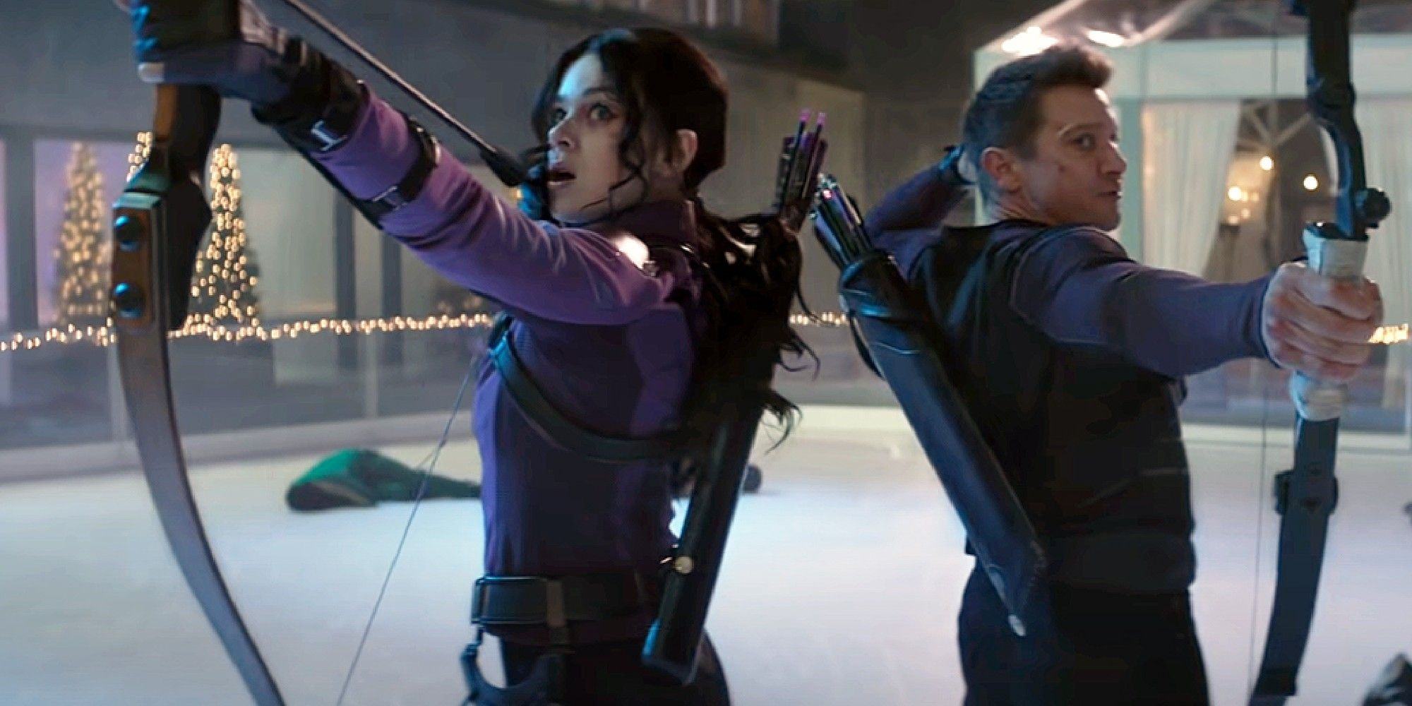 Clint and Kate shoot arrows at Hawkeye's skating rink