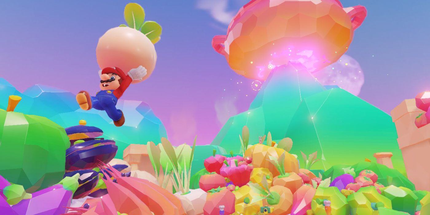 In Super Mario Odyssey, Mario jumps through the Colorful Luncheon Kingdom by lifting a giant turnip over his head.