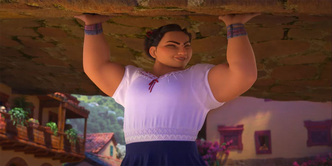 In Disney's Encanto, Luisa lifts a rock above her head.