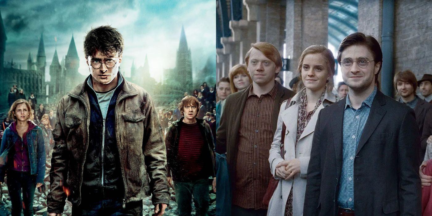 Separated image of Harry Potter at the Battle of Hogwarts and the age-old golden trio at King's Cross