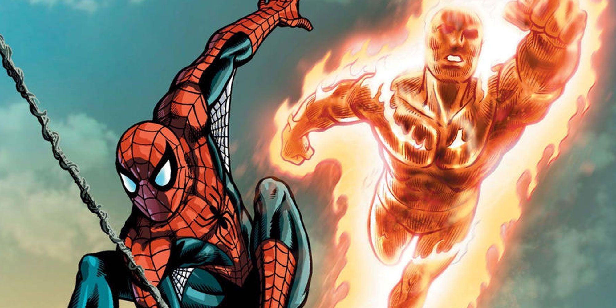 Human Torch and Spider-Man fight side by side