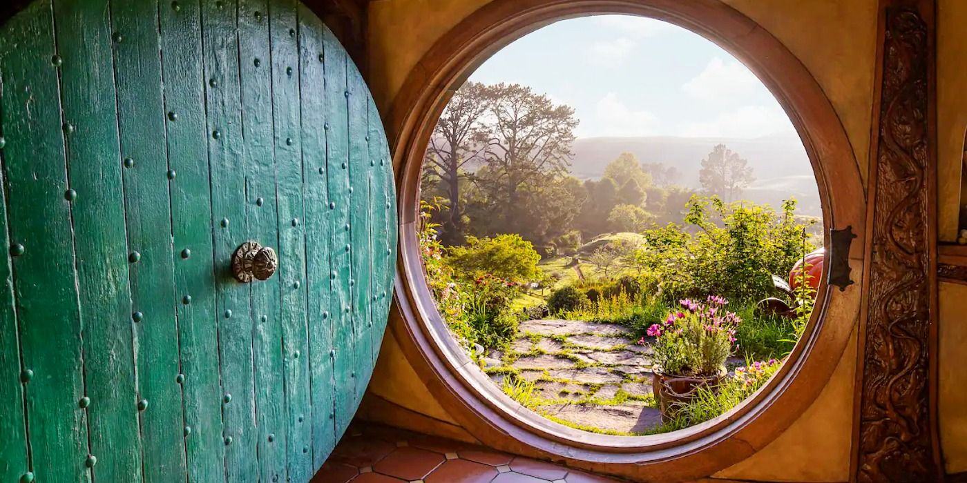 Looking out over the Hobbit Hole doorway in the Shire, New Zealand. 
