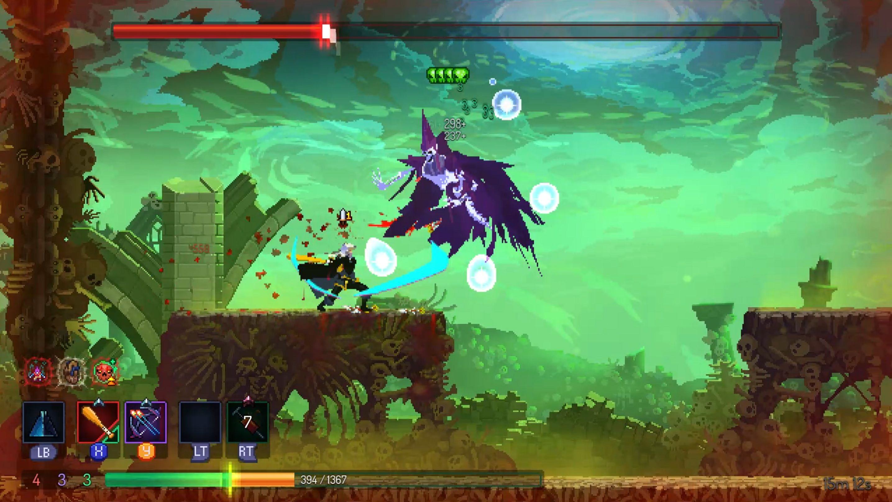 Dead Cells character dressed as Alucard fighting Death looks like a skeleton with a silly hat