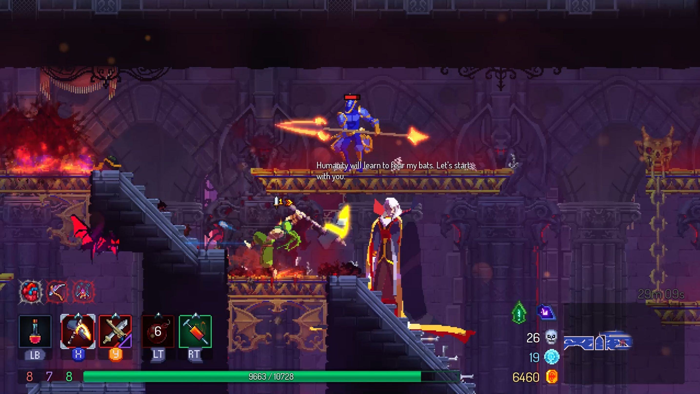 Image of dead cell character being attacked by vampires, knights and some bats on the stairs