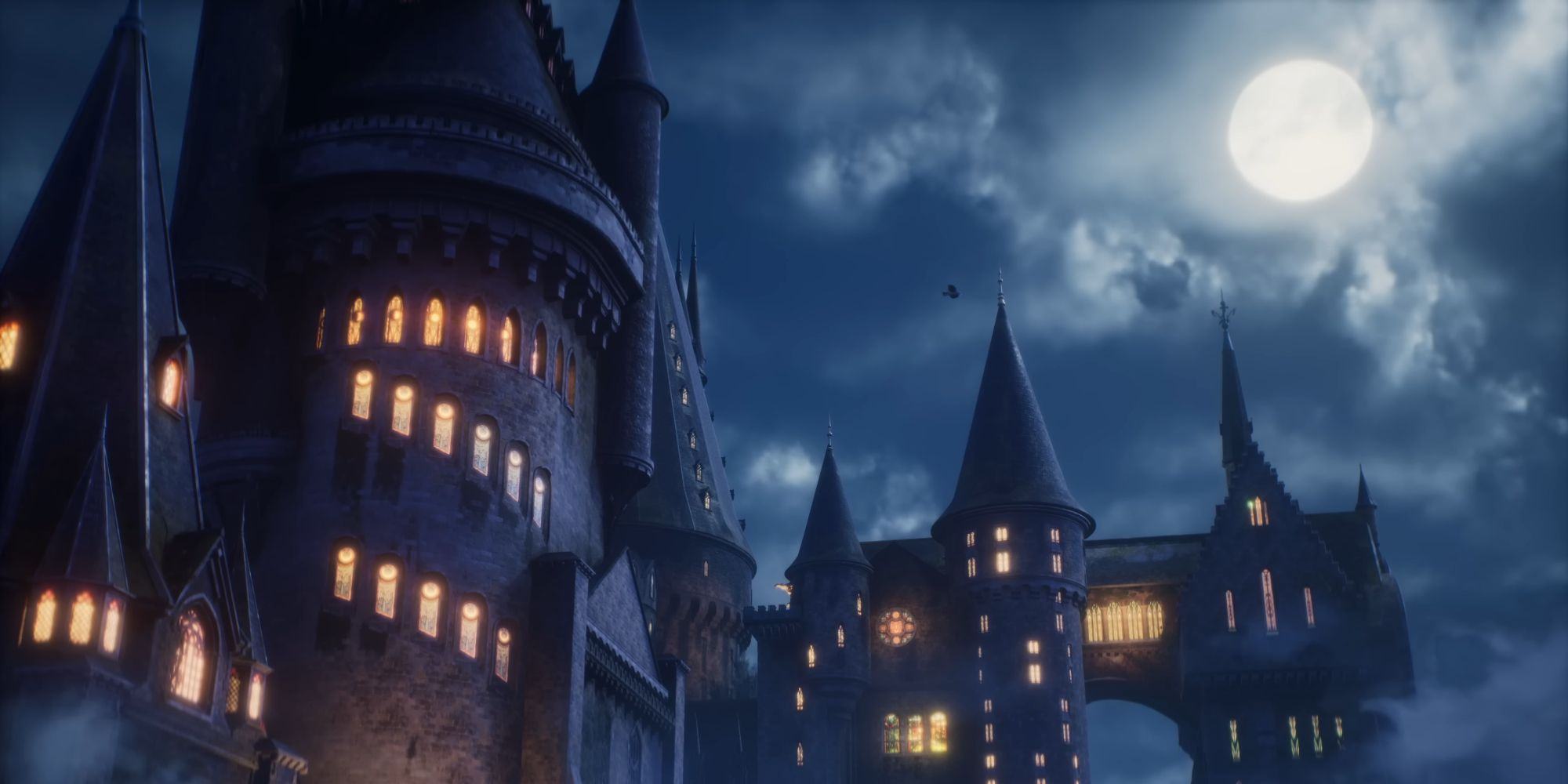 Hogwarts Heritage Castle under the full moon with illuminated windows and an owl flying above.