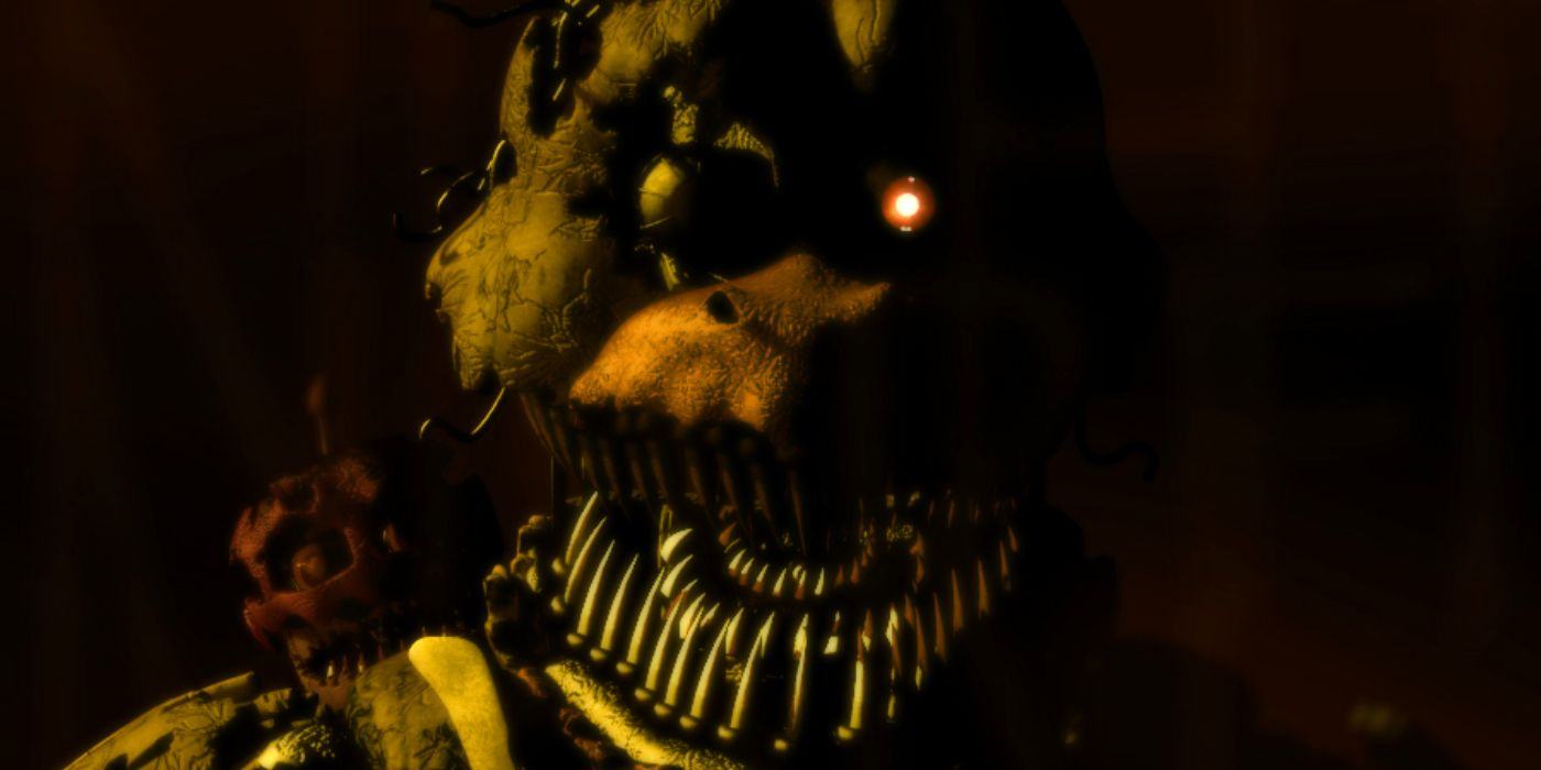Nightmare Chica, from the Five Nights at Freddy's 4 trailer, stares into the camera with one red eye.  Her facial features were badly damaged, and her open mouth revealed several rows of sharp teeth.