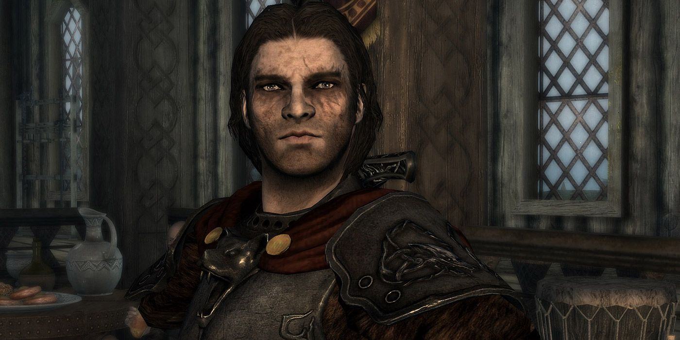 A portrait of Vilkas from Skyrim, looking directly into the camera with a stoic expression.