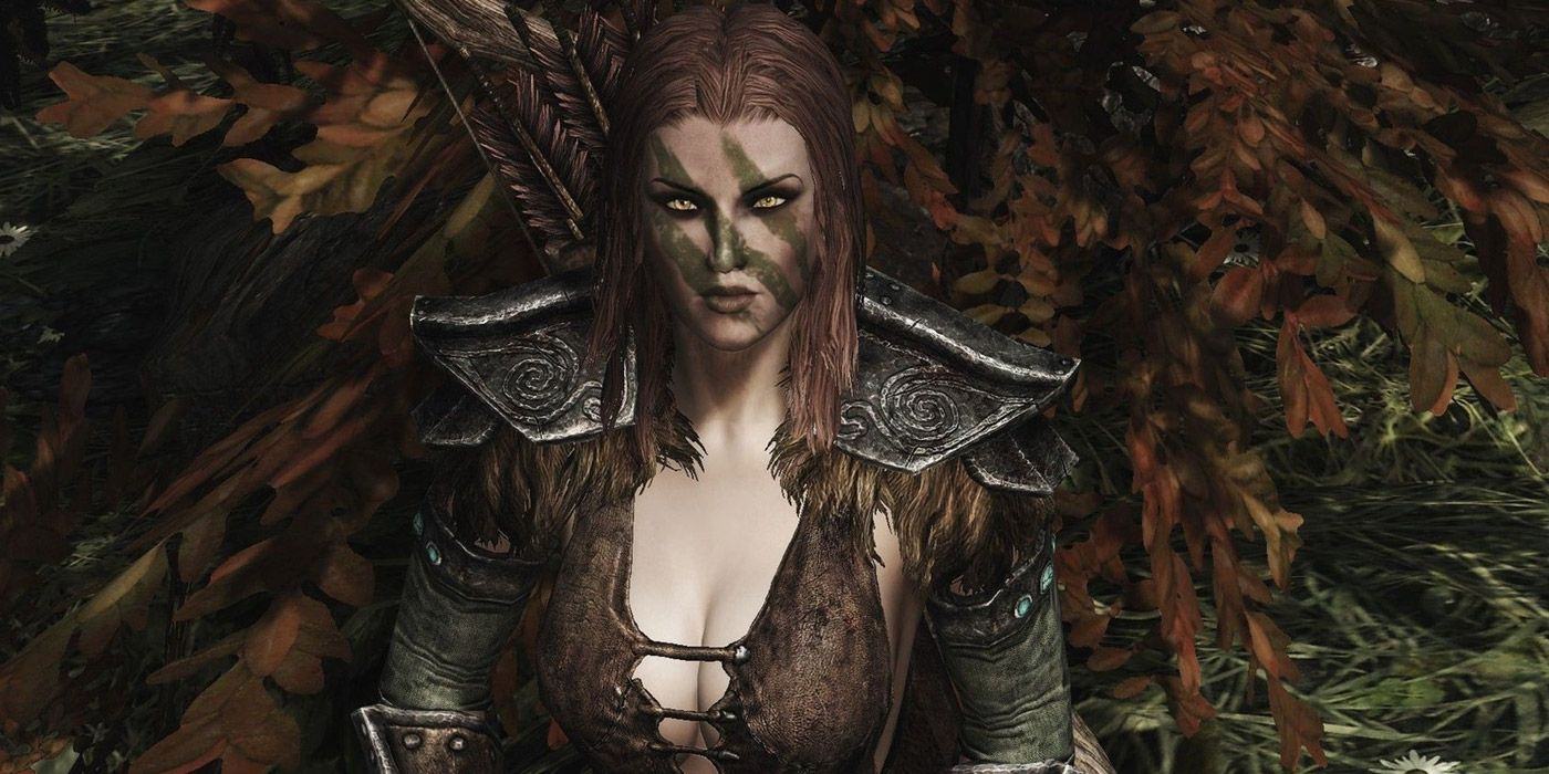 A close-up portrait of Huntress Aela from Skyrim looking angry.