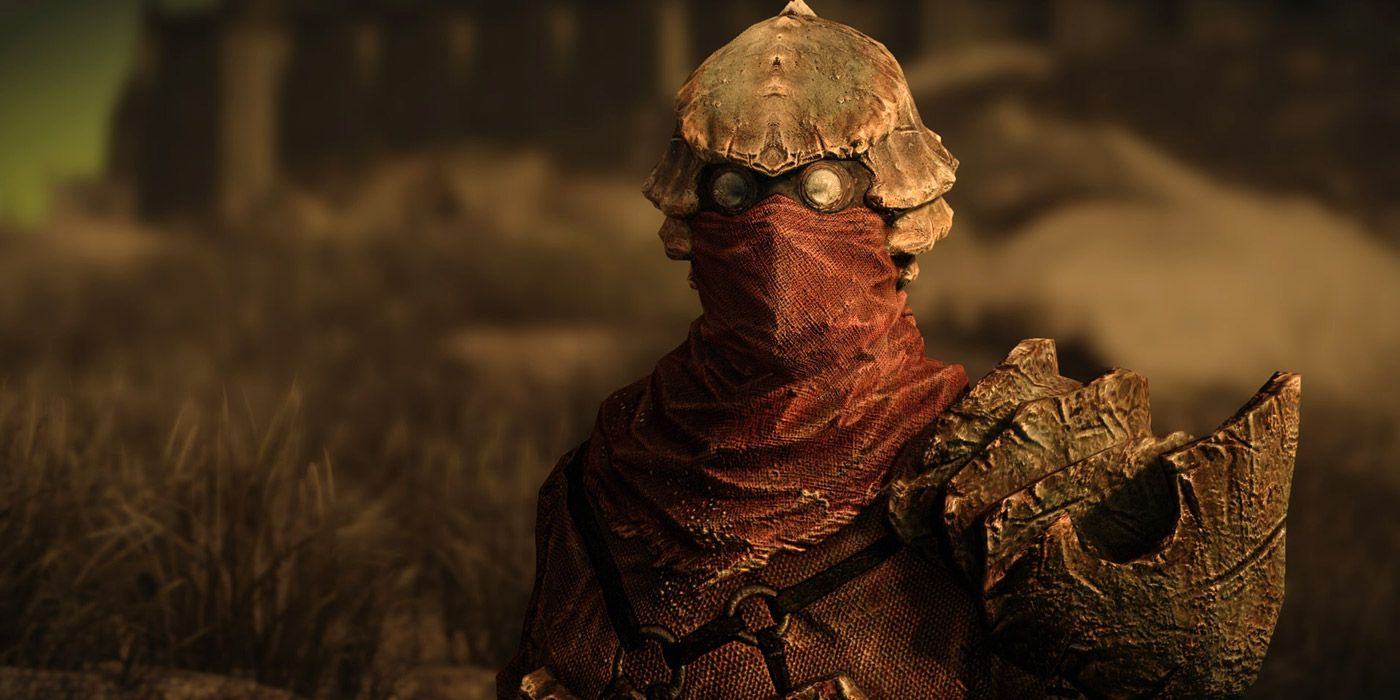 A portrait of Teldryn Sero in his chitin armor in Skyrim.