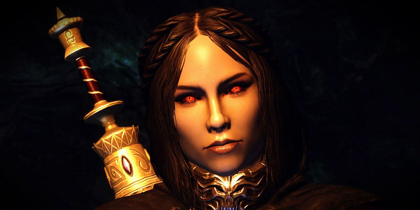 Serana from Skyrim in a dark room, holding an Elder Scroll and looking into the camera with red eyes.