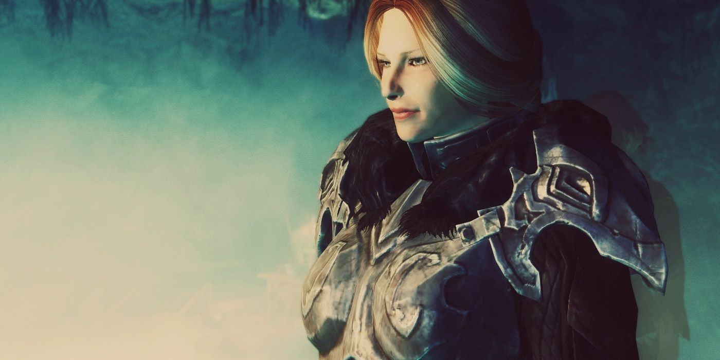 A side profile shot of Frea from Skyrim against a hazy teal-and-white background.