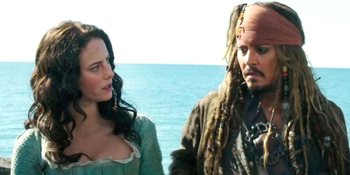 Kaya Scodelario as Karina Smith and Johnny Depp as Captain Jack Sparrow in Pirates of the Caribbean Dead Men Tell No Tales