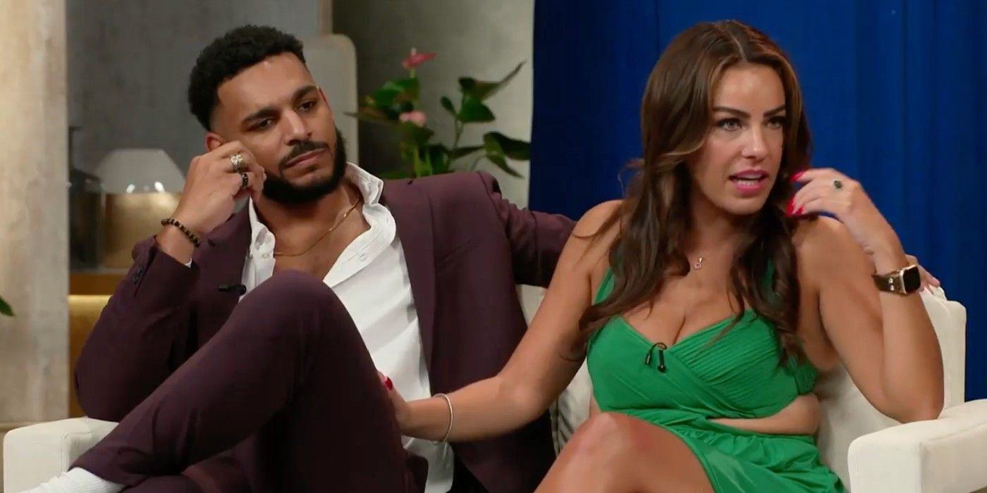90-day fiance Veronica Rodriguez and Jamal Menzies stars tell all about single life, Veronica touches Jamal's thigh on the couch