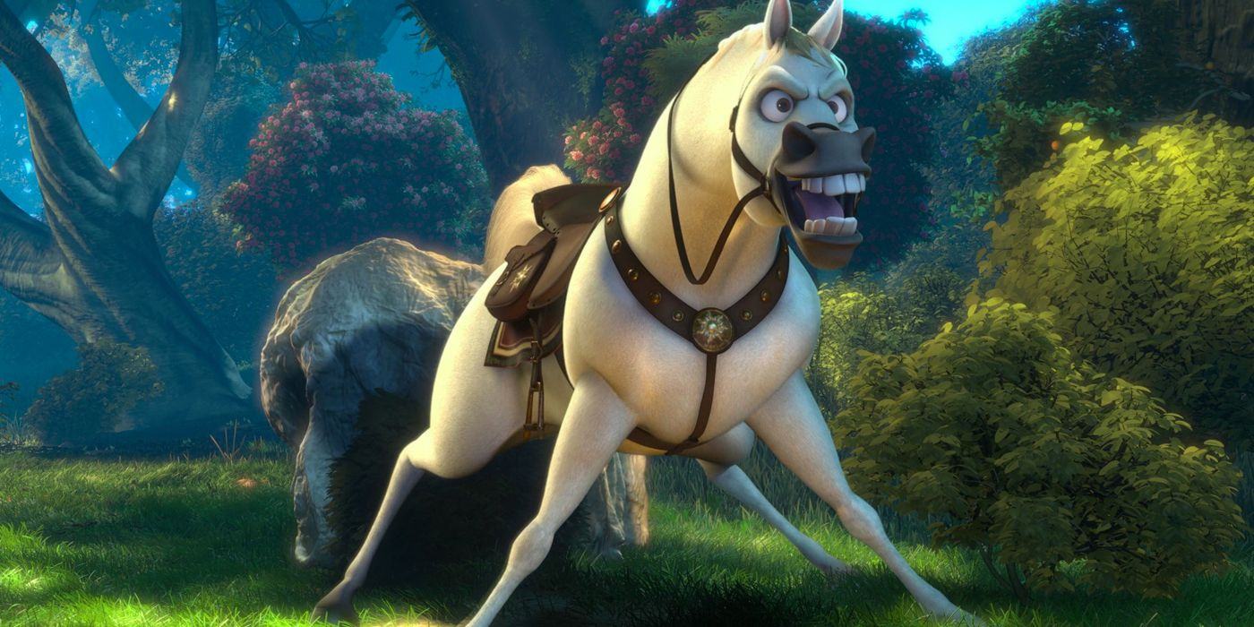 In Tangled, Maximus stands cross-legged.