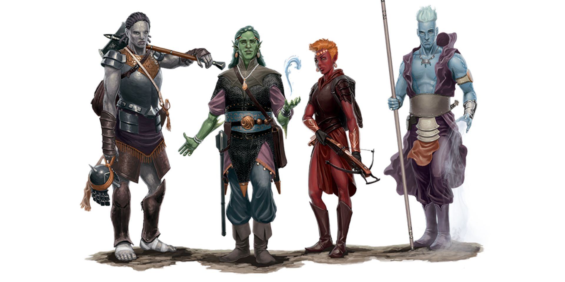 Four Dungeons and Dragons characters standing in front of a white background.