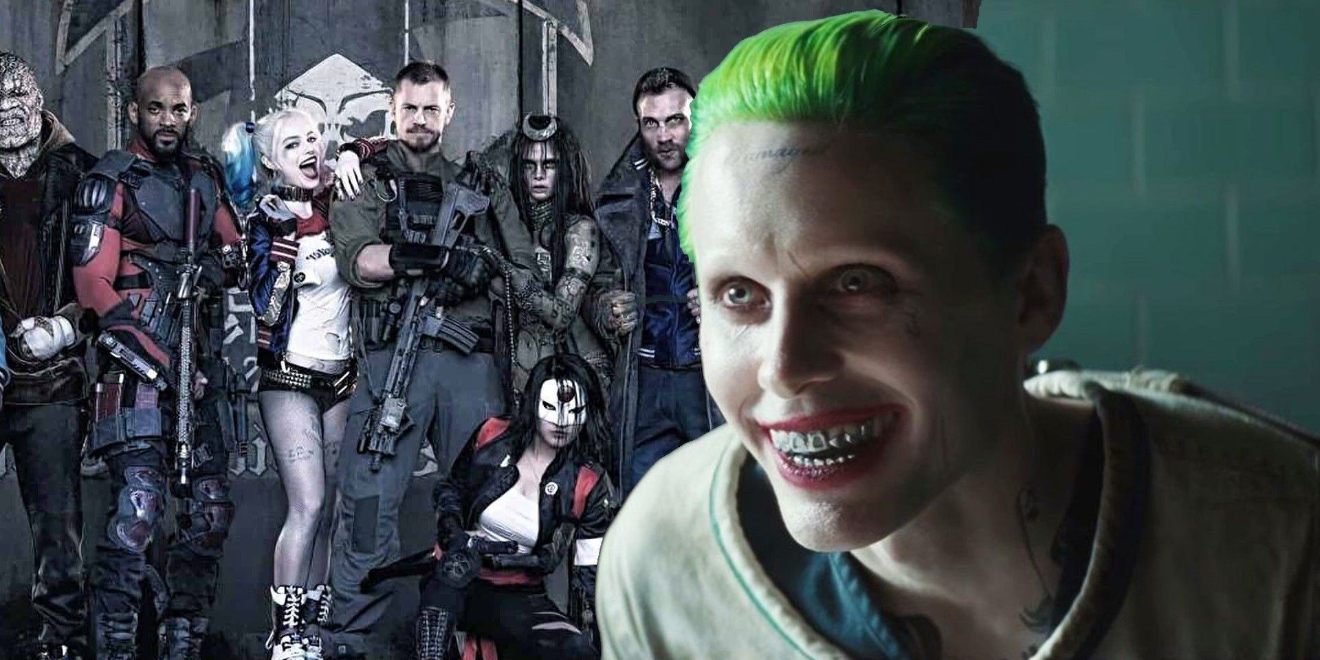 Joker in front of the cast of Suicide Squad. 