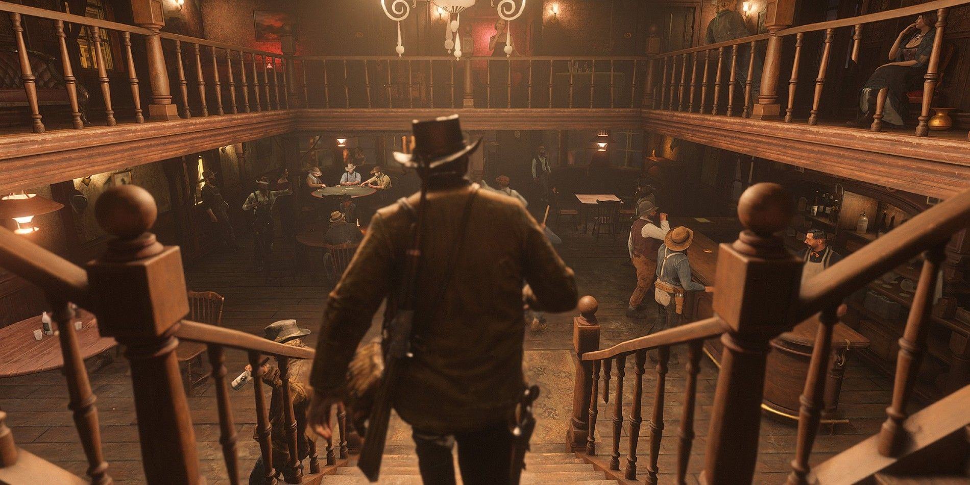 Arthur Morgan walks down the stairs of the shop in RDR2