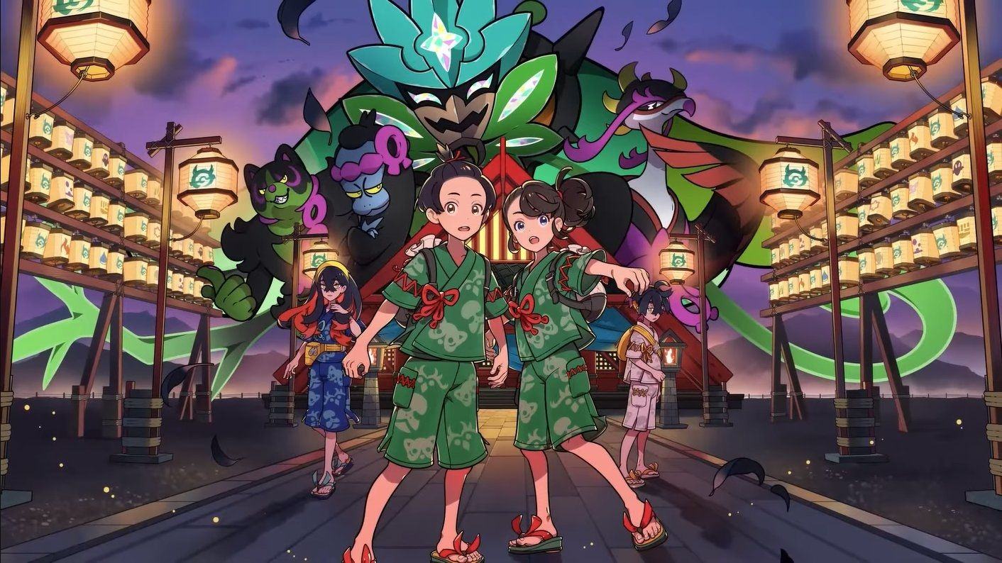 The main image of Pokemon Scarlet and Violet: Teal Mask shows the main trainer in the center being green, with a lantern and new characters behind him.  New Pokémon with DLC in the background.