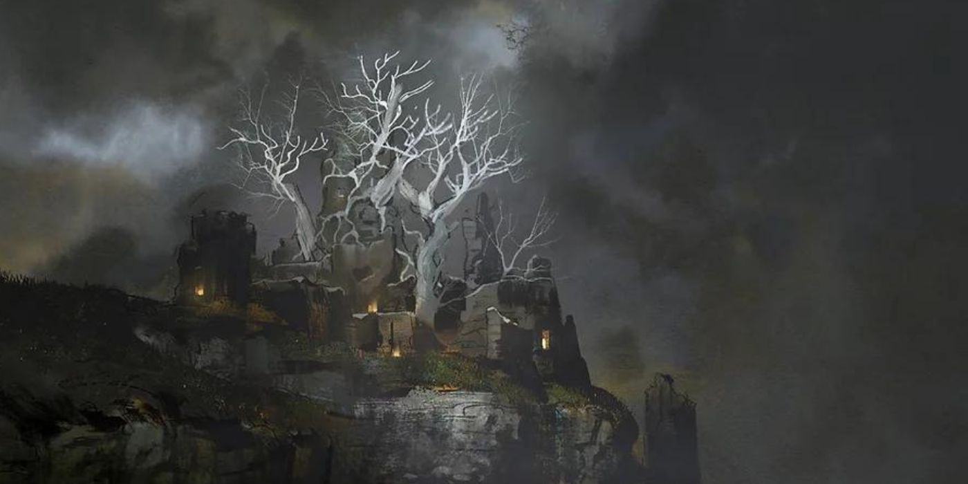 The art of a great white tree growing from within the castle, perched atop a dark and dark stormy hill.