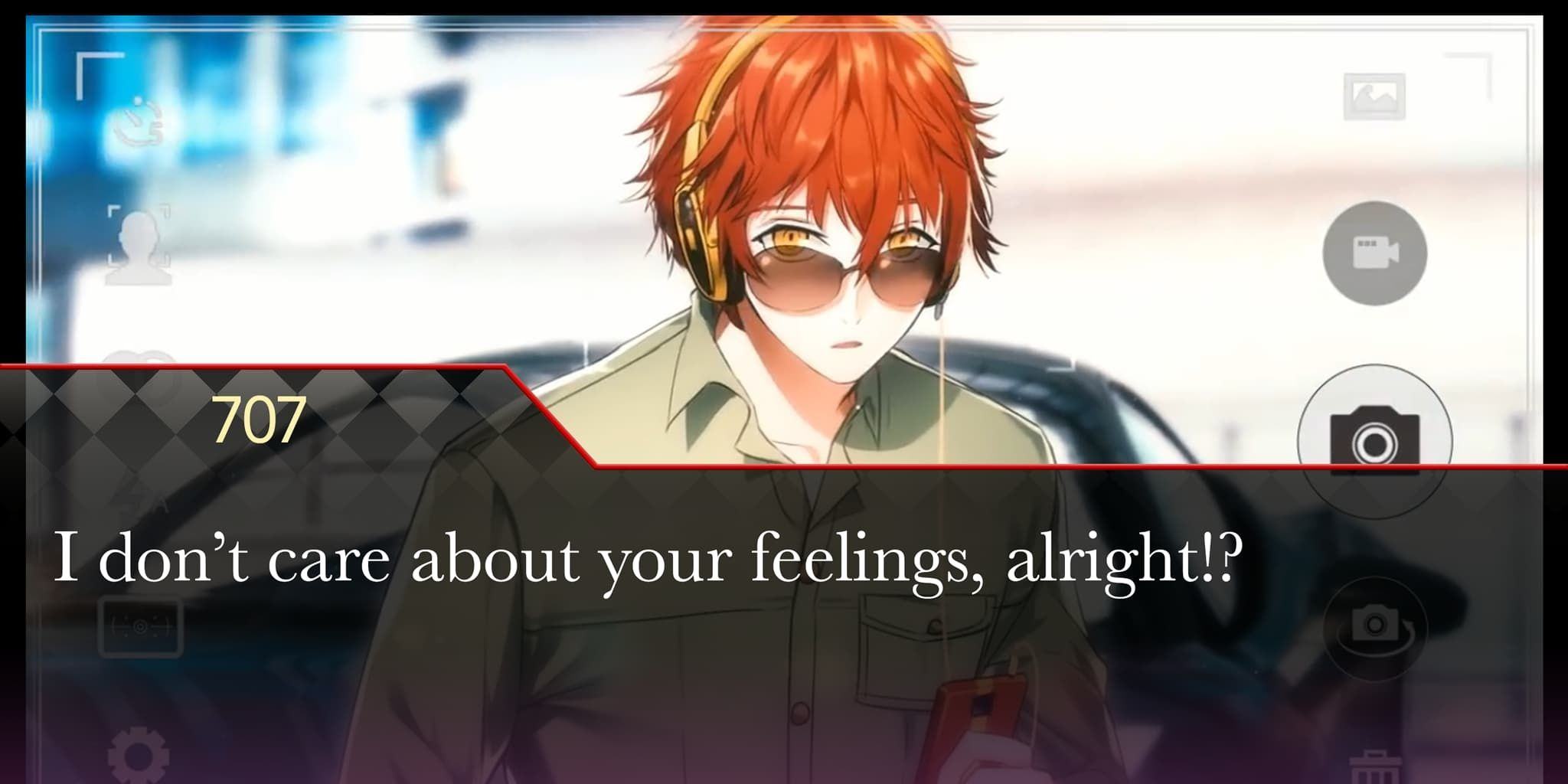Screenshot form the dating sim Mystic Messenger of ginger character overlaid with text