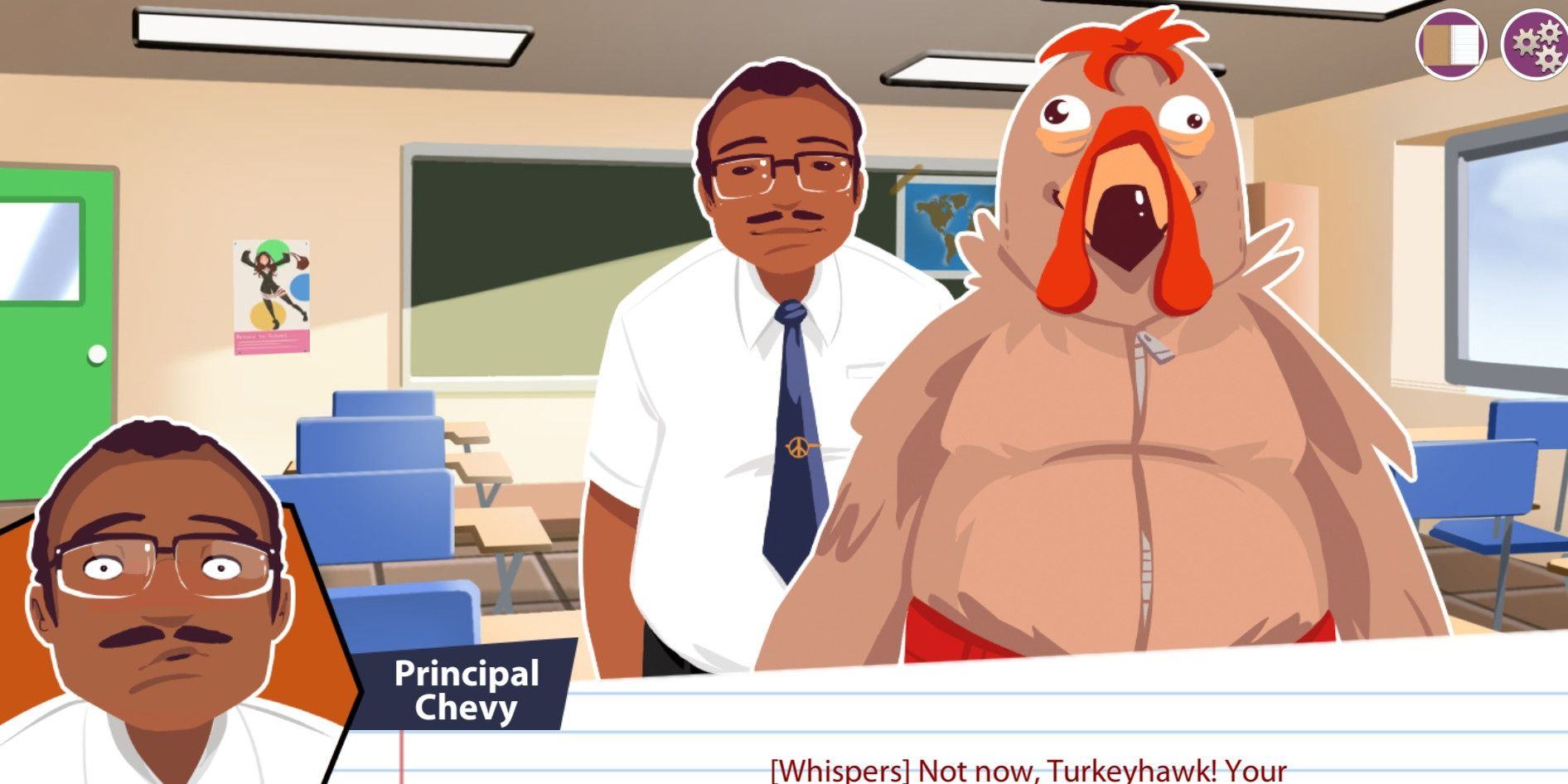 A screenshot of the dating sim LongStory of Principal chevy and Turkeyhawk