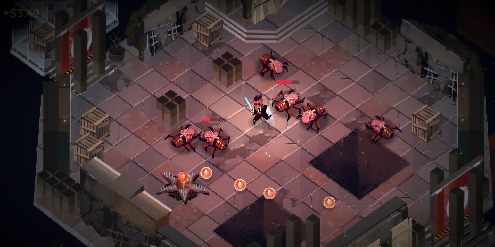 Isometric view of combat against insect-like enemies in roguelike dating sim Boyfriend Dungeon.