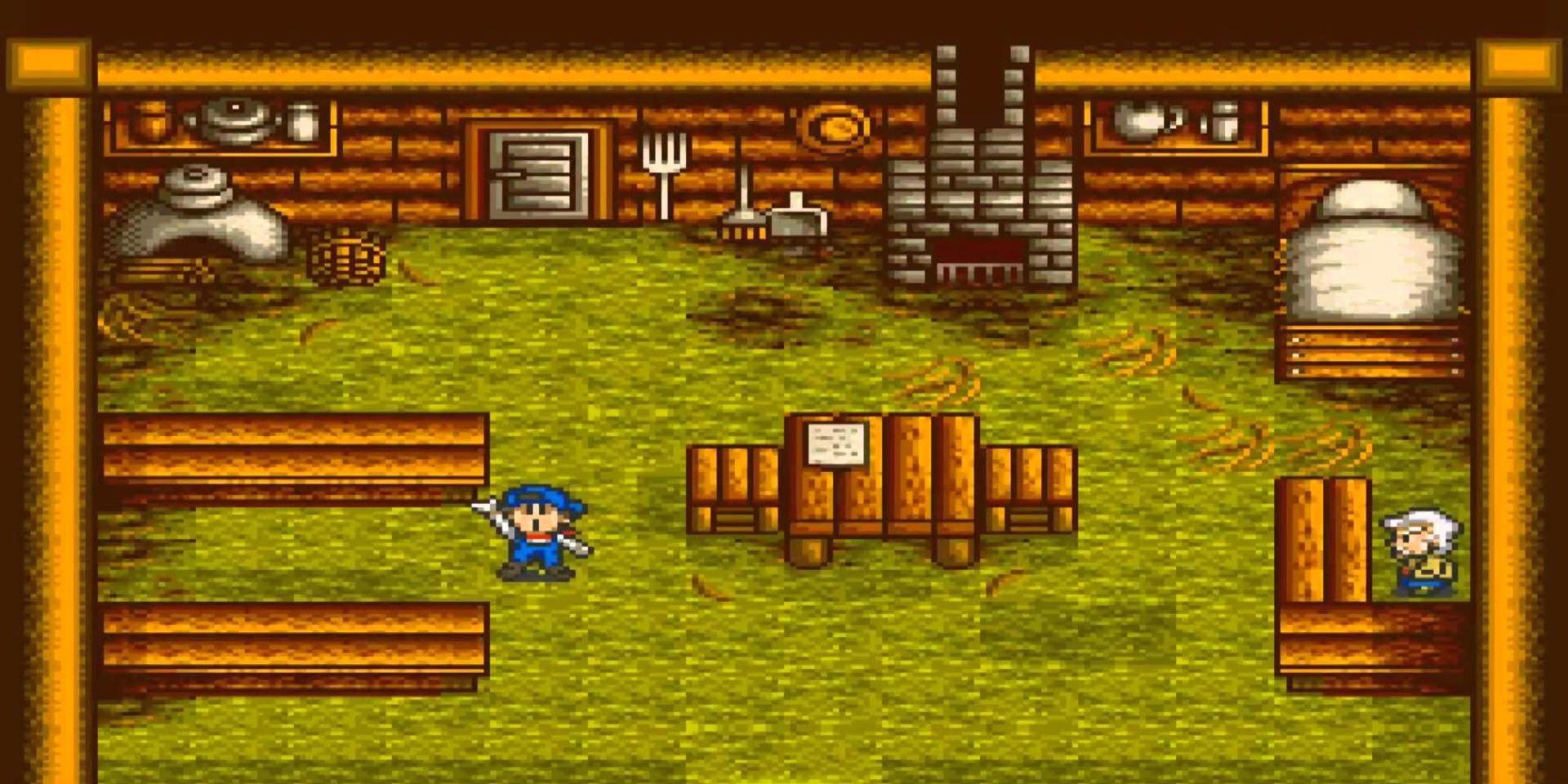 A screenshot from the original Harvest Moon video game on the SNES, with the player character inside their home.