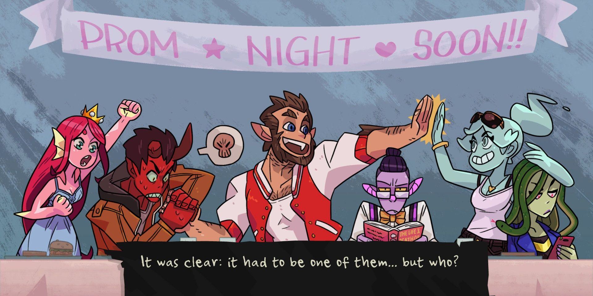 Monsters from the Monster Prom game underneath a banner that reads PROM NIGHT SOON!!