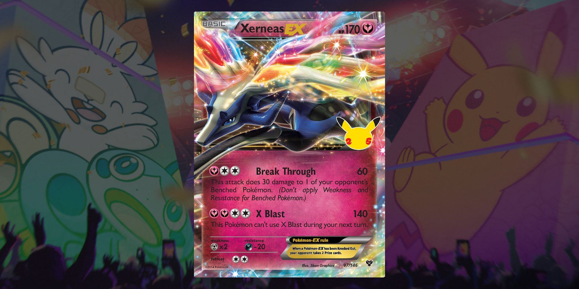 Image of Pokemon TCG Celebrations Xerneas Card in pink and rainbow.