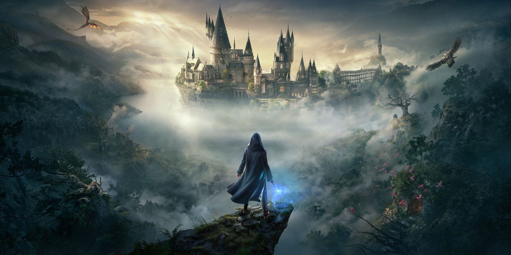 An image from the game Hogwarts Legacy showing a wizard looking out at Hogwarts Castle surrounded by fog